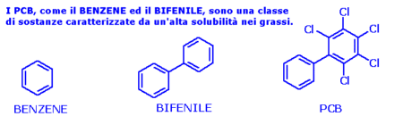 A sinistra il BENZENE, una sostanza il cui nome  abbastanza noto al pubblico come inquinante. E' il mattone costitutivo della molecola chiamata BIFENILE (al centro), che rappresenta la struttura di base dei PCB (policlorobifenili), in cui un certo numero di atomi di cloro sono presenti su uno o entrambi gli anelli in dipendenza dell'identit precisa del singolo policlorobifenile.