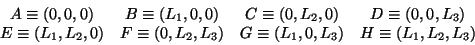 begin{displaymath}
begin{array}{cccc}
Aequiv(0,0,0) & Bequiv(L_1,0,0) & Ceq...
...3) & Gequiv(L_1,0,L_3) & Hequiv(L_1,L_2,L_3) 
end{array}end{displaymath}