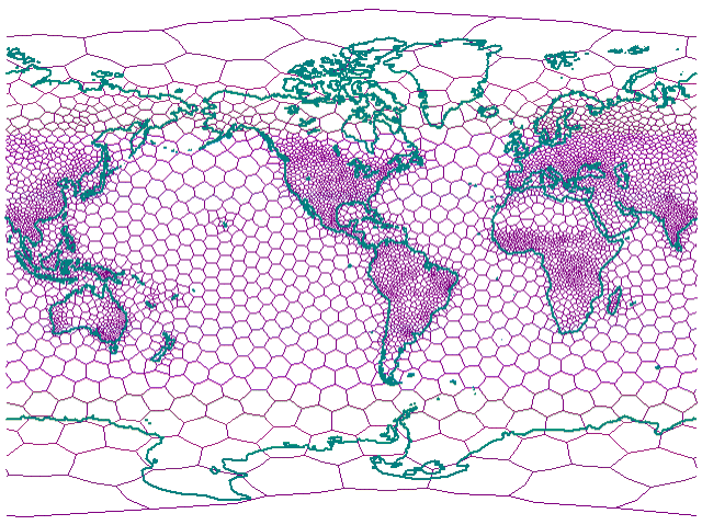 Celle Voronoi che suddividono la Terra in base alla densità della popolazione mondiale.